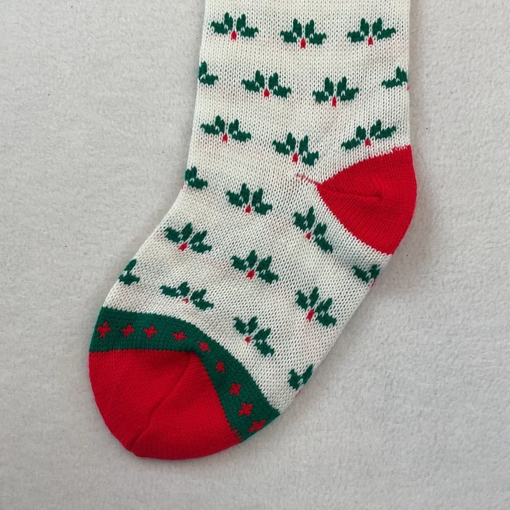 Christmas‎ Stocking Knitted Knit White Candy Canes Holly Leaves Merry Taiwan
